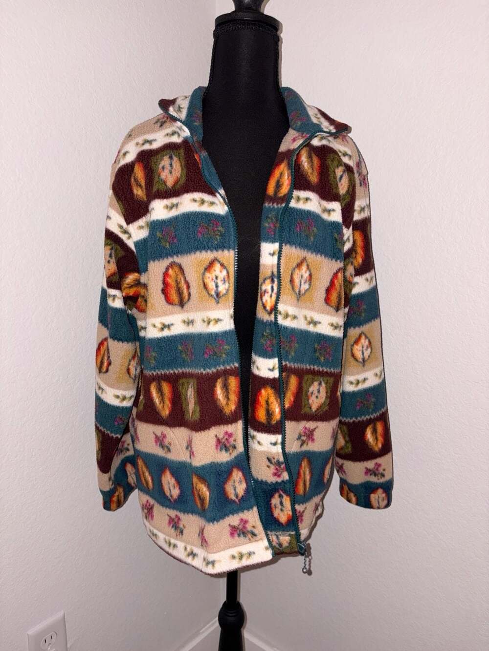 Alfred Dunner Vintage 90s Aztec Fall Leaves Print Fleece Zip Up Jacket